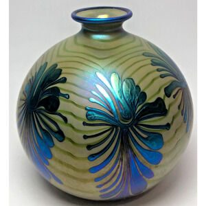Vintage Charles Lotton Olive Green Vase Blue Luster Pulled Feather Signed 1982